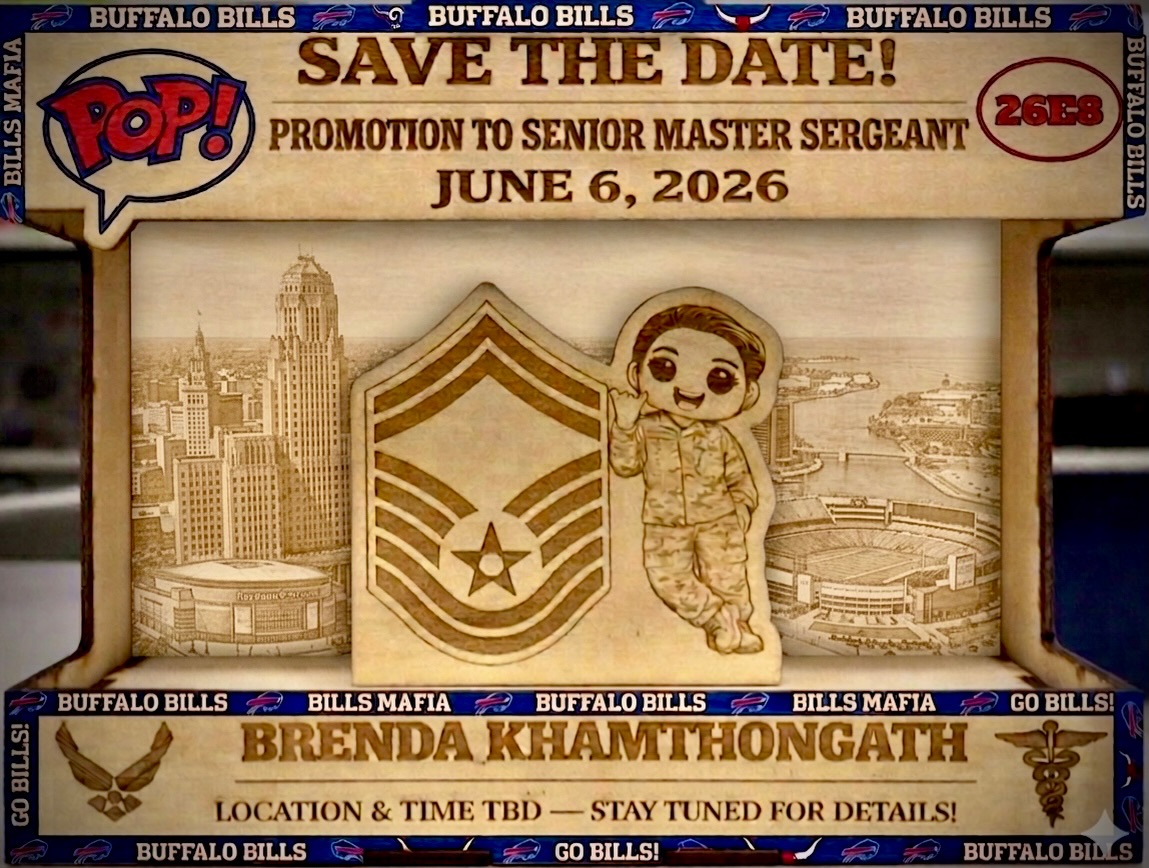 Save the date card with USAF and Buffalo Bills motifs.